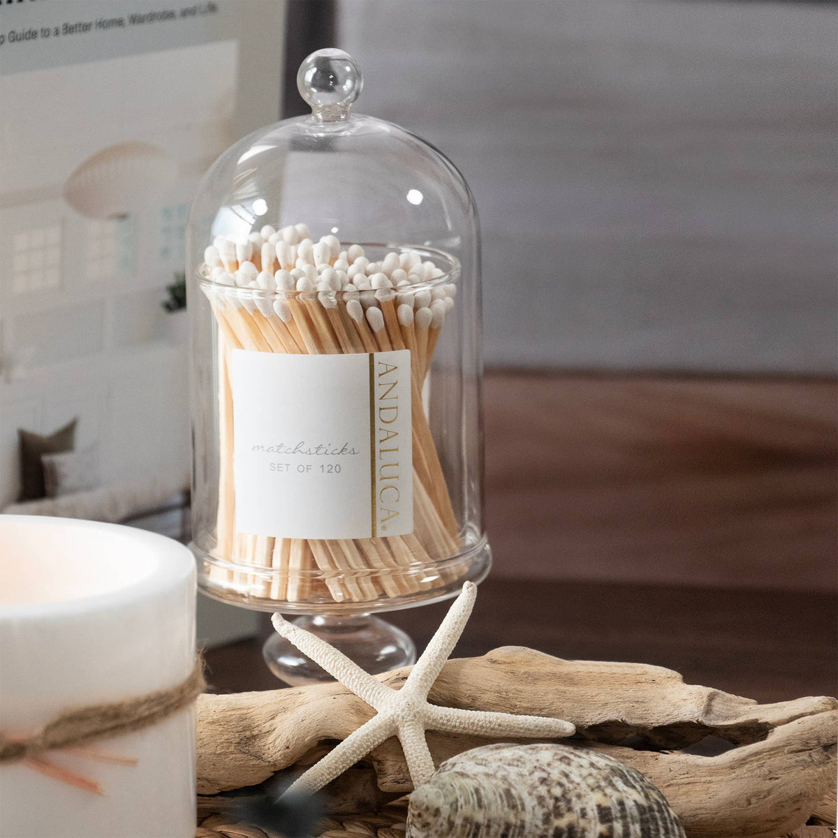 Tall Glass Jar with Lid & 120 Wooden White Matches