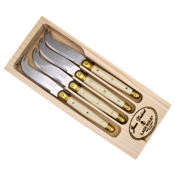 Jean Dubost 4 Cheese Knives Ivory and Brass in a Tray