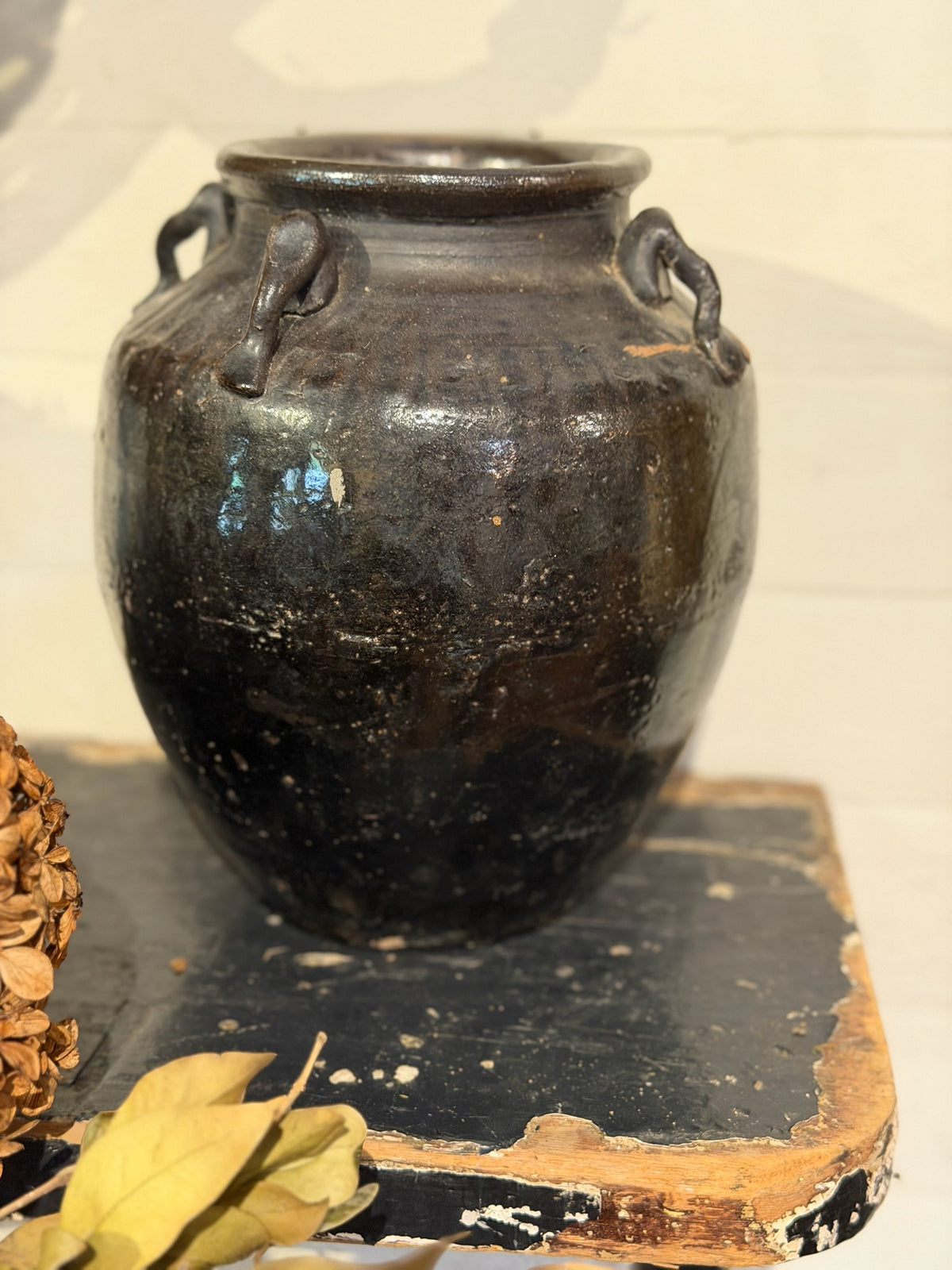 Glazed Four-Handle Clay Pot