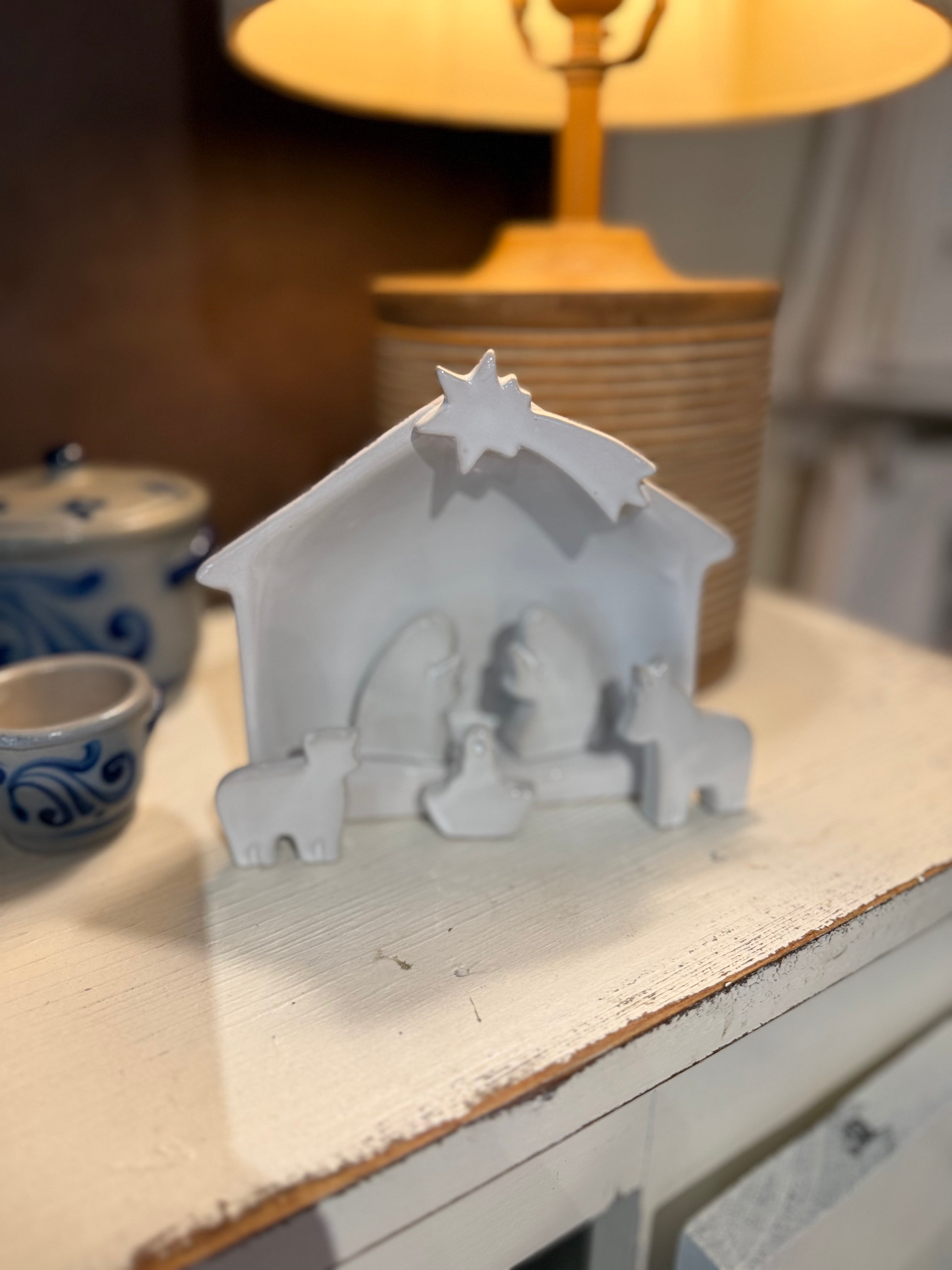 Stoneware Nativity, Reactive Glaze, White, Set of 6 (Each One Will Vary)