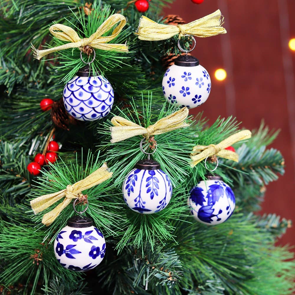 Ceramic Christmas Balls Blue and White Set of 12